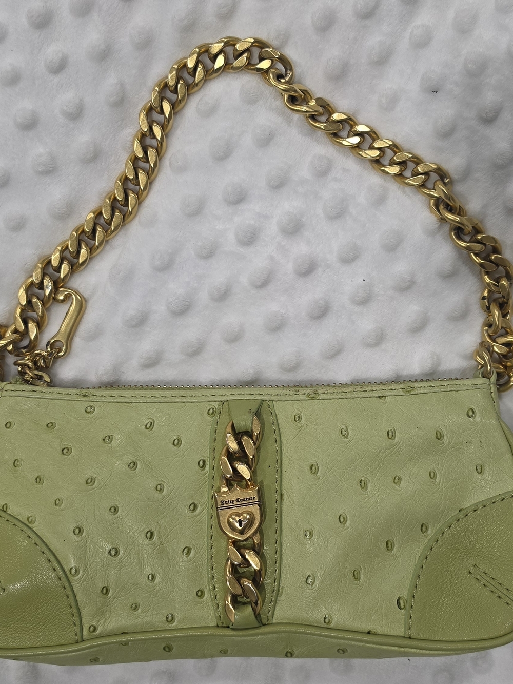 Juicy Couture mini shoulder bag crafted from green ostrich-embossed leather and